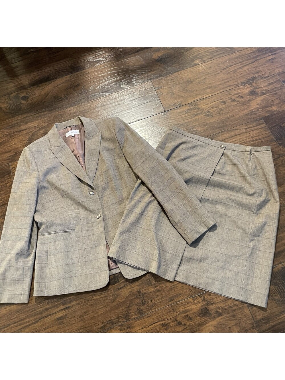 Calvin Klein Women's Plaid Skirt Suit Set Grey Tan Blazer Pencil Skirt Size 14